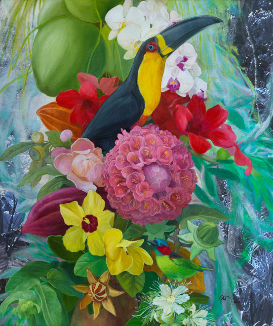 tucán y flores de árboles